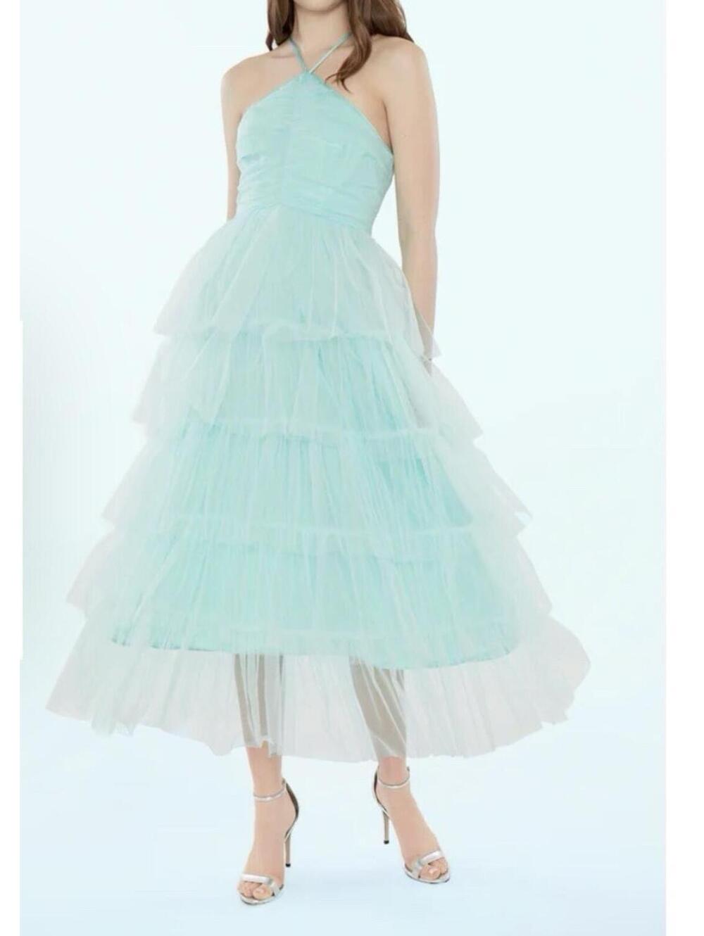 LIKELY Shane Gown Aqua Size 8 NWT | Halter Tiered Tulle Midi Formal, Wedding